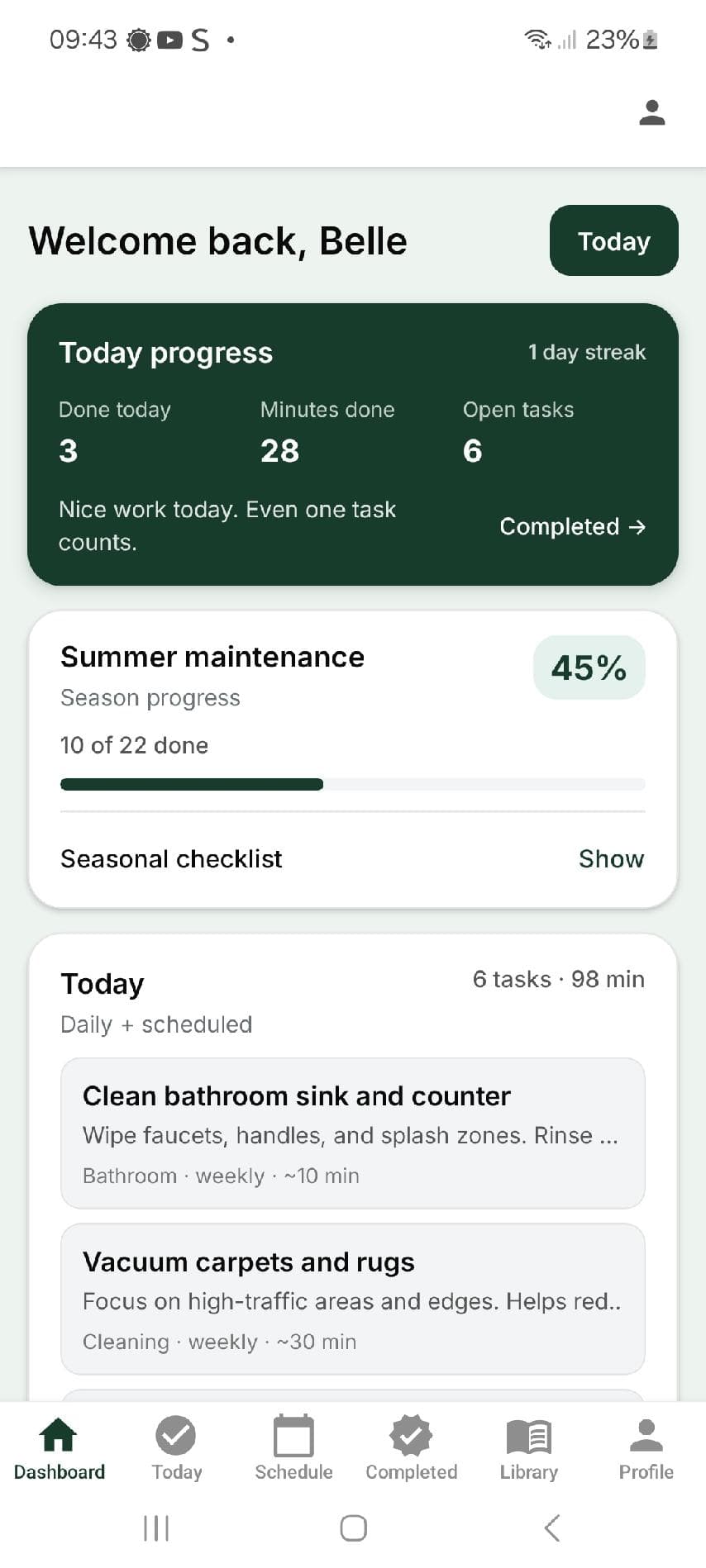 GreenNest dashboard screenshot showing a personalized view of tasks and schedule progress.